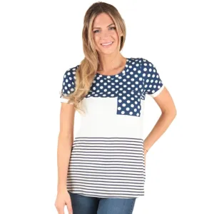 P. S KATE Navy Polka Dot Color Block Short Sleeve Top P14763