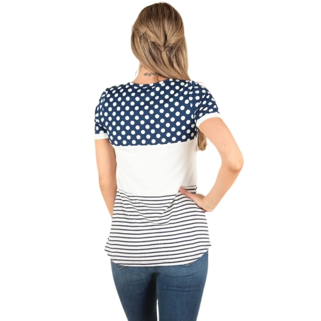 P. S KATE Navy Polka Dot Color Block Short Sleeve Top P14763