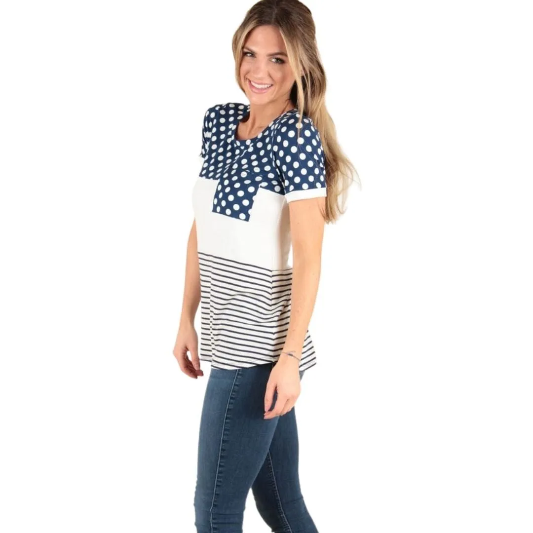 P. S KATE Navy Polka Dot Color Block Short Sleeve Top P14763