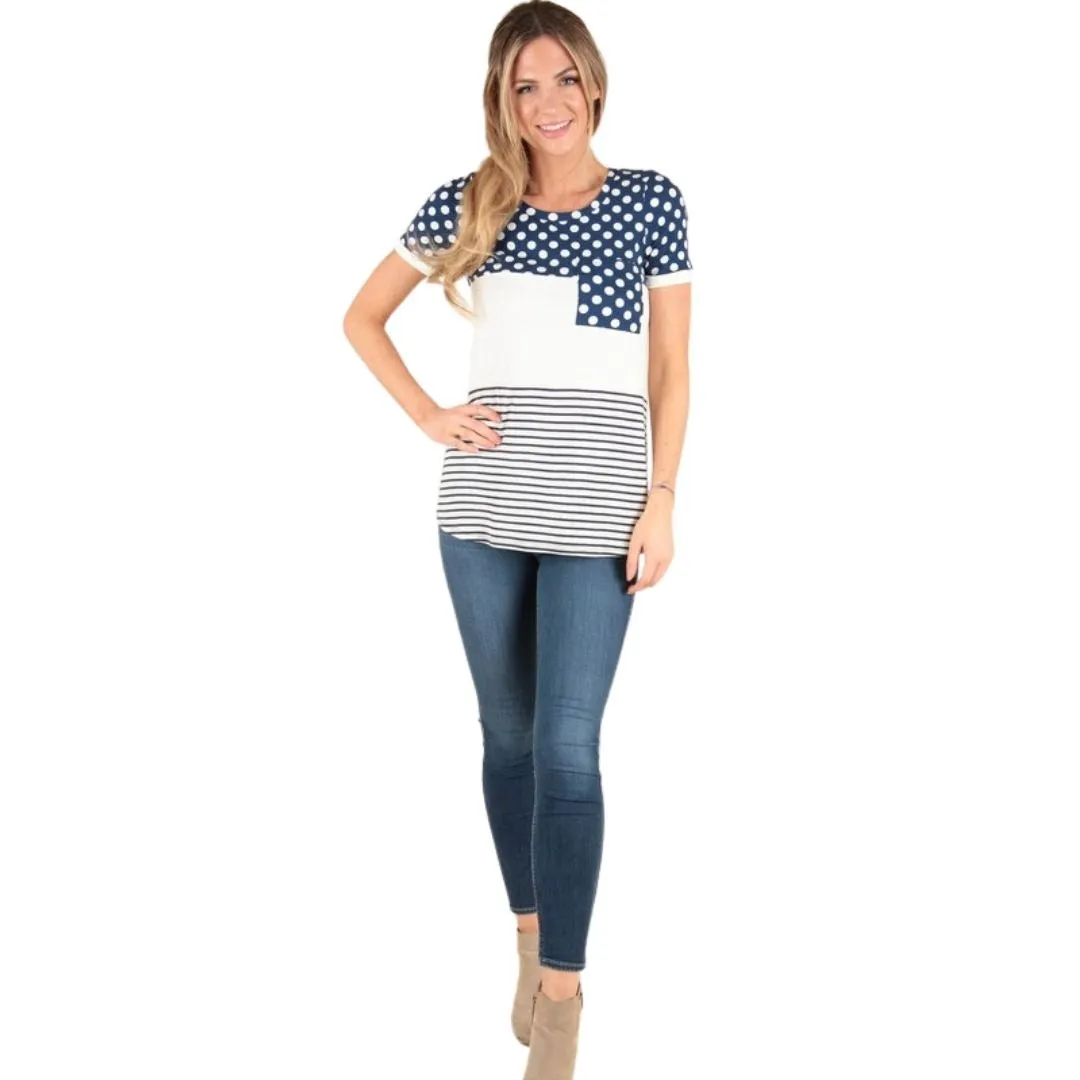 P. S KATE Navy Polka Dot Color Block Short Sleeve Top P14763