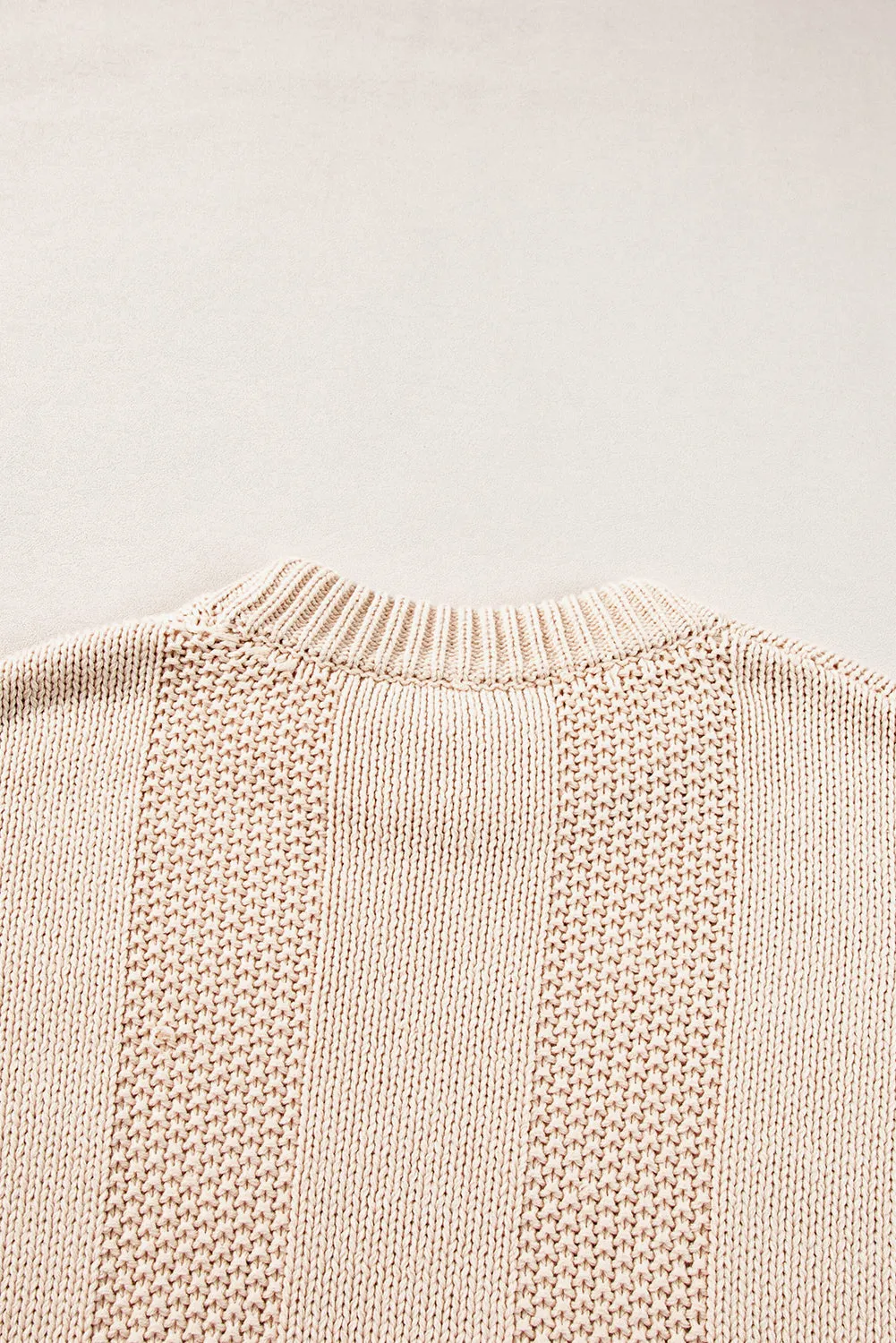 Pale Khaki Solid Color Cable Knit Ribbed Loose Sweater