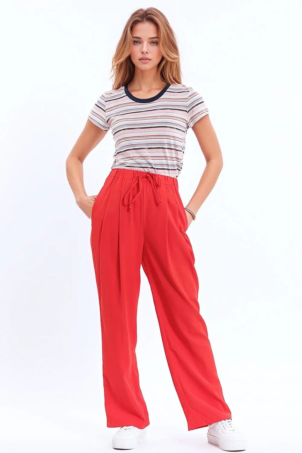 Pants In Coral With Front Pockets And Drawstring Closing