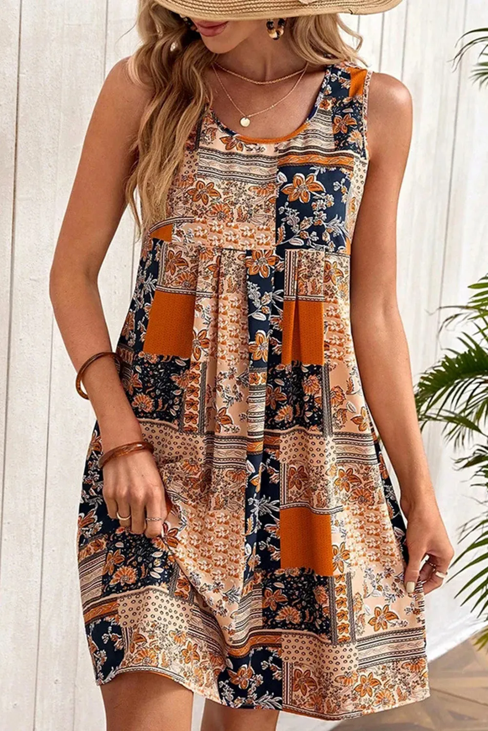 Patchwork Mini Dress with Floral Print and Sleeveless Design