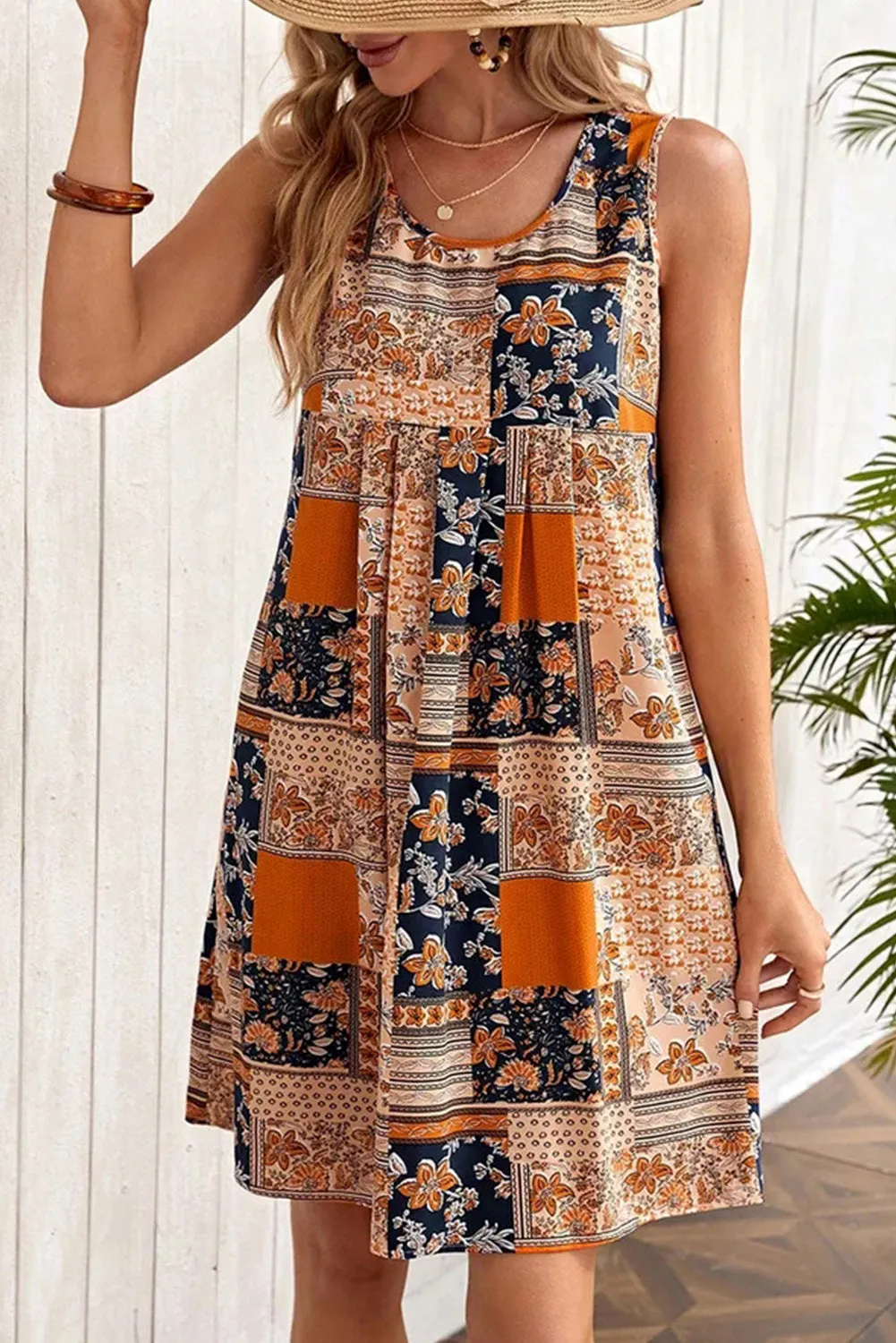 Patchwork Mini Dress with Floral Print and Sleeveless Design