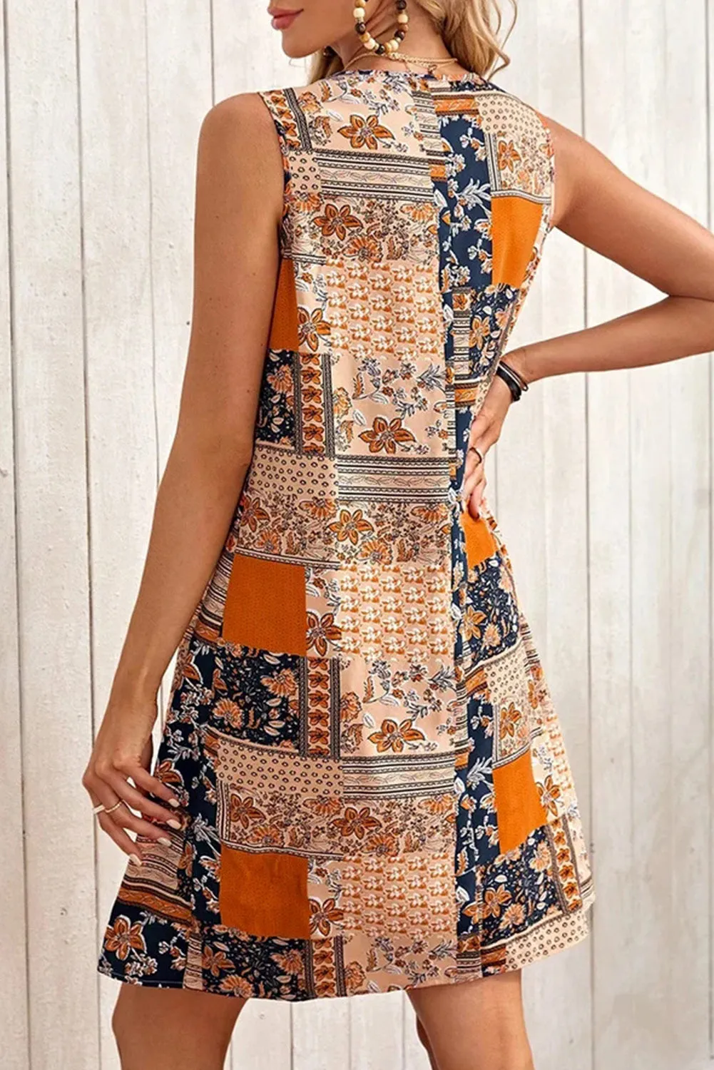 Patchwork Mini Dress with Floral Print and Sleeveless Design