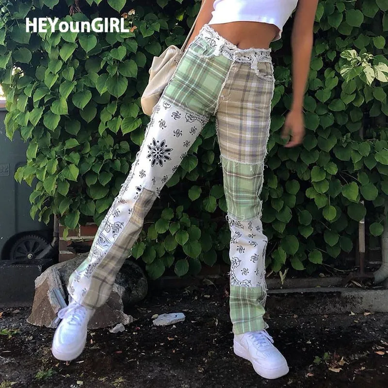 Patchwork Vintage Checkered Jeans Women Print High Waist Denim Pants Ladies