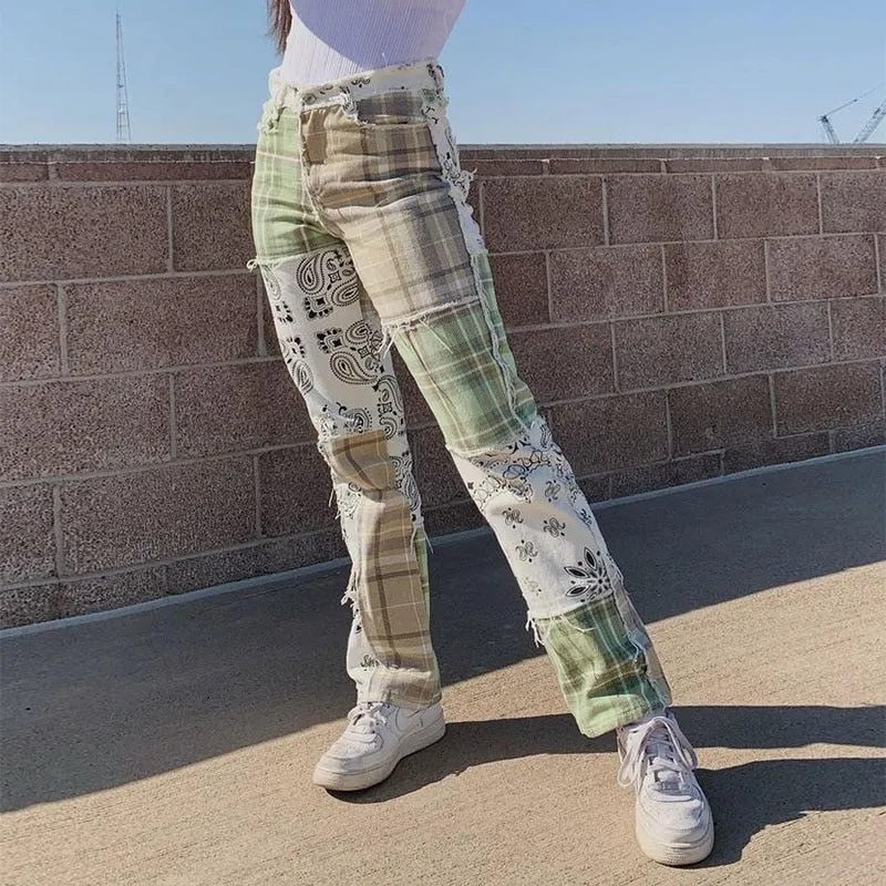 Patchwork Vintage Checkered Jeans Women Print High Waist Denim Pants Ladies