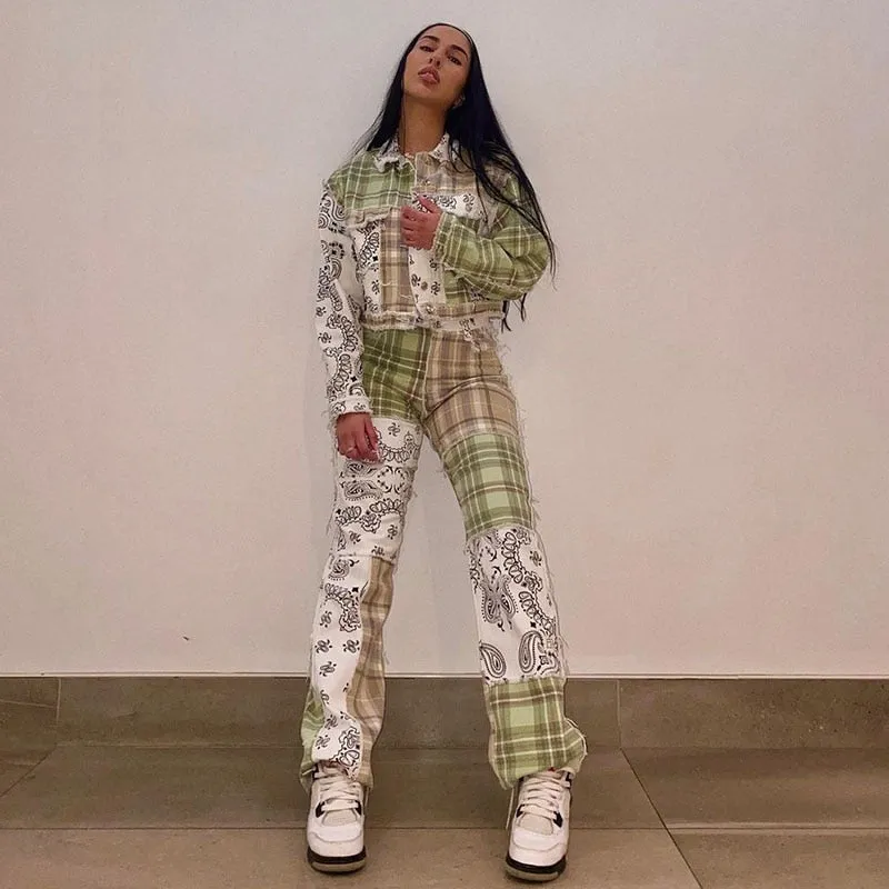 Patchwork Vintage Checkered Jeans Women Print High Waist Denim Pants Ladies