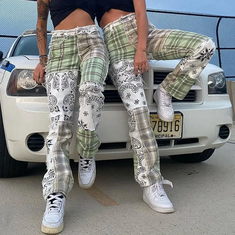 Patchwork Vintage Checkered Jeans Women Print High Waist Denim Pants Ladies