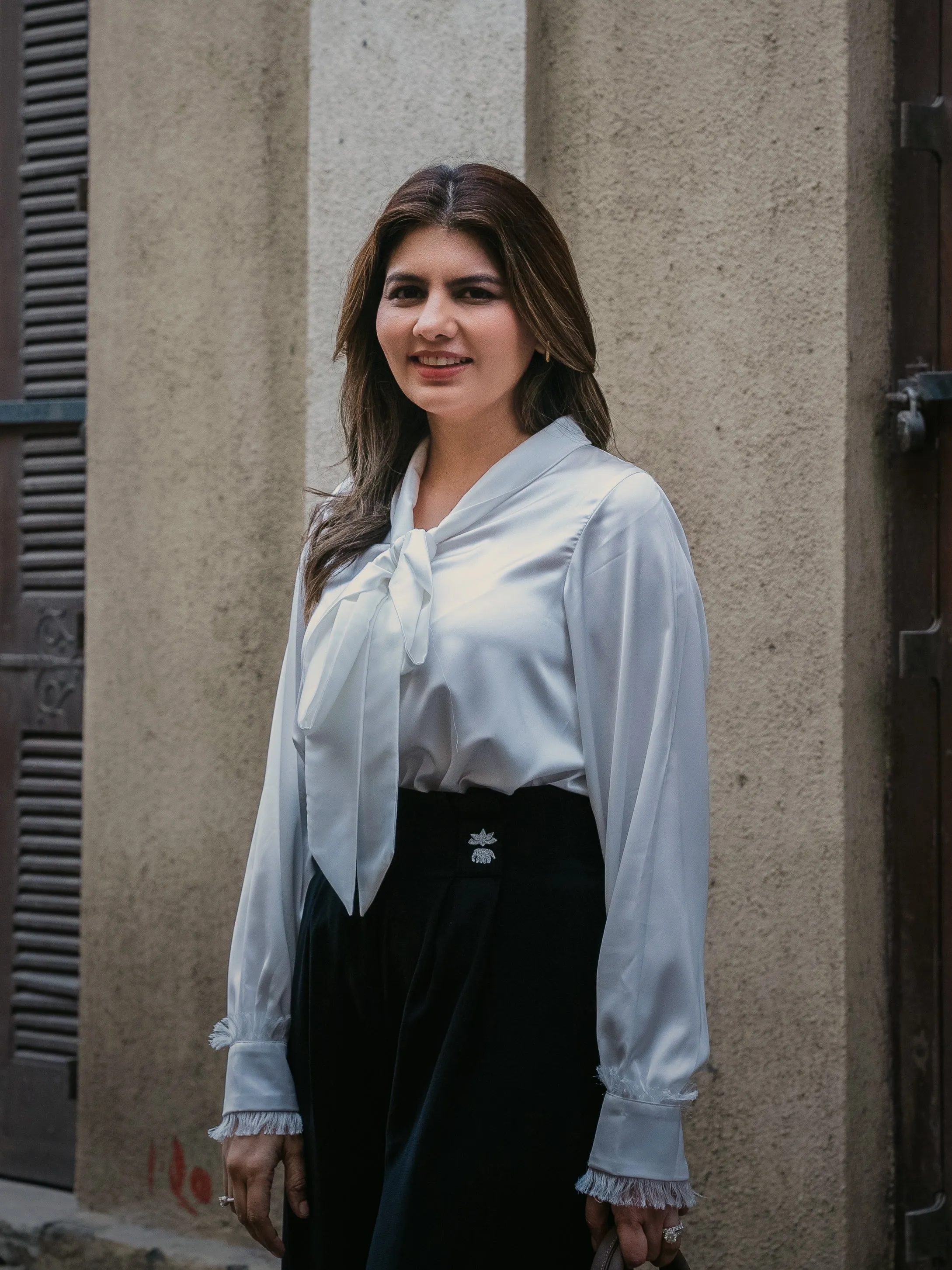 Pearl Bow Satin Shirt
