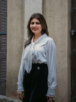 Pearl Bow Satin Shirt