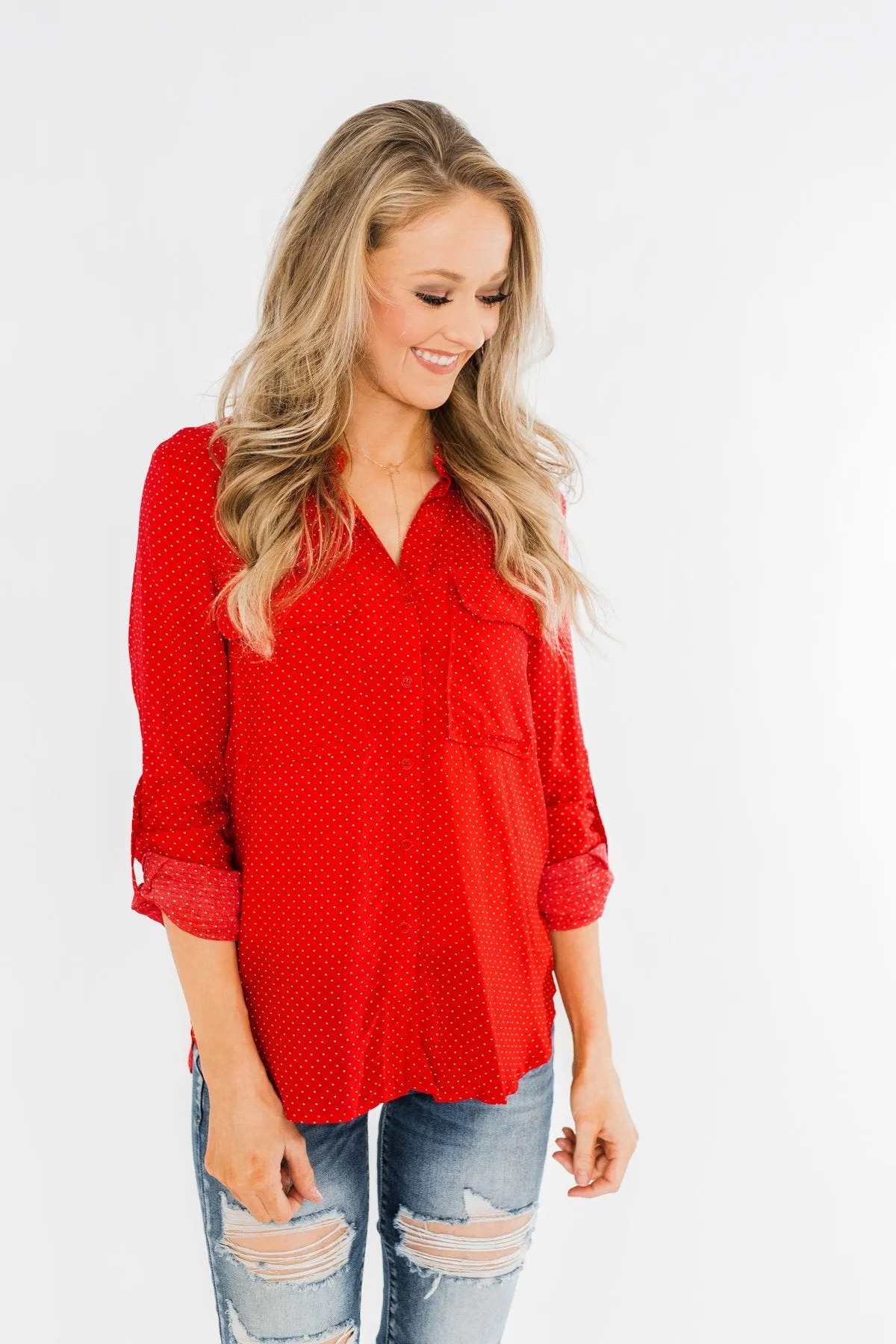 Perfect For Me Polka Dot Blouse- Lipstick Red