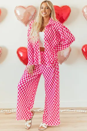 Pink Checkered Buttoned Shirt and High Waist Pants Pajama Set