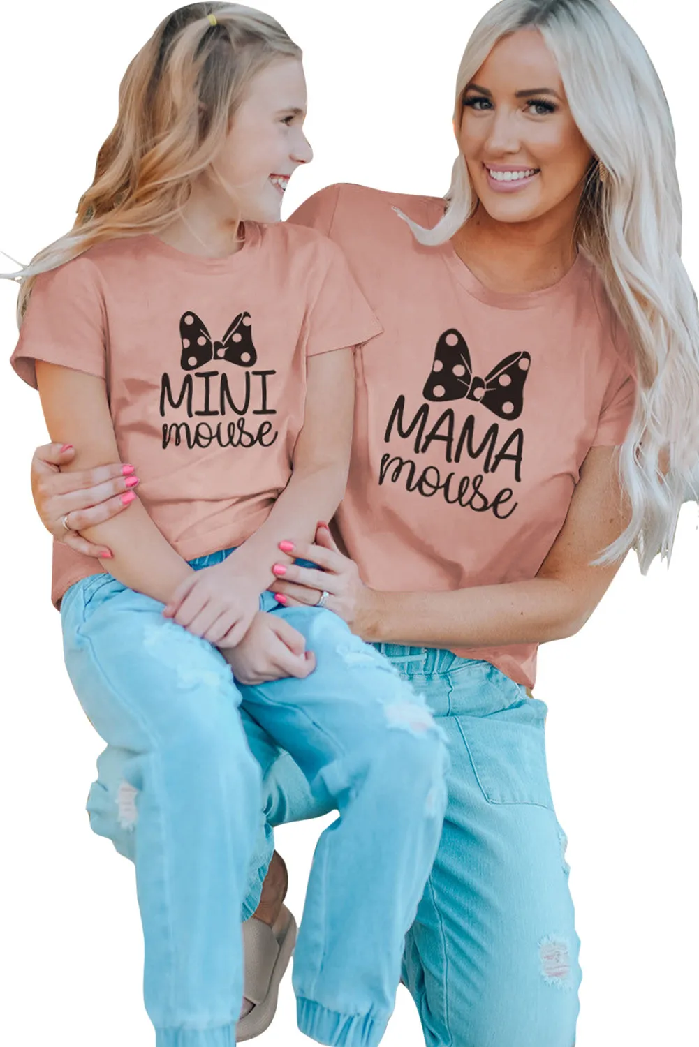 Pink Family Matching Girl's Mini Mouse Bow Print Short Sleeve T Shirt