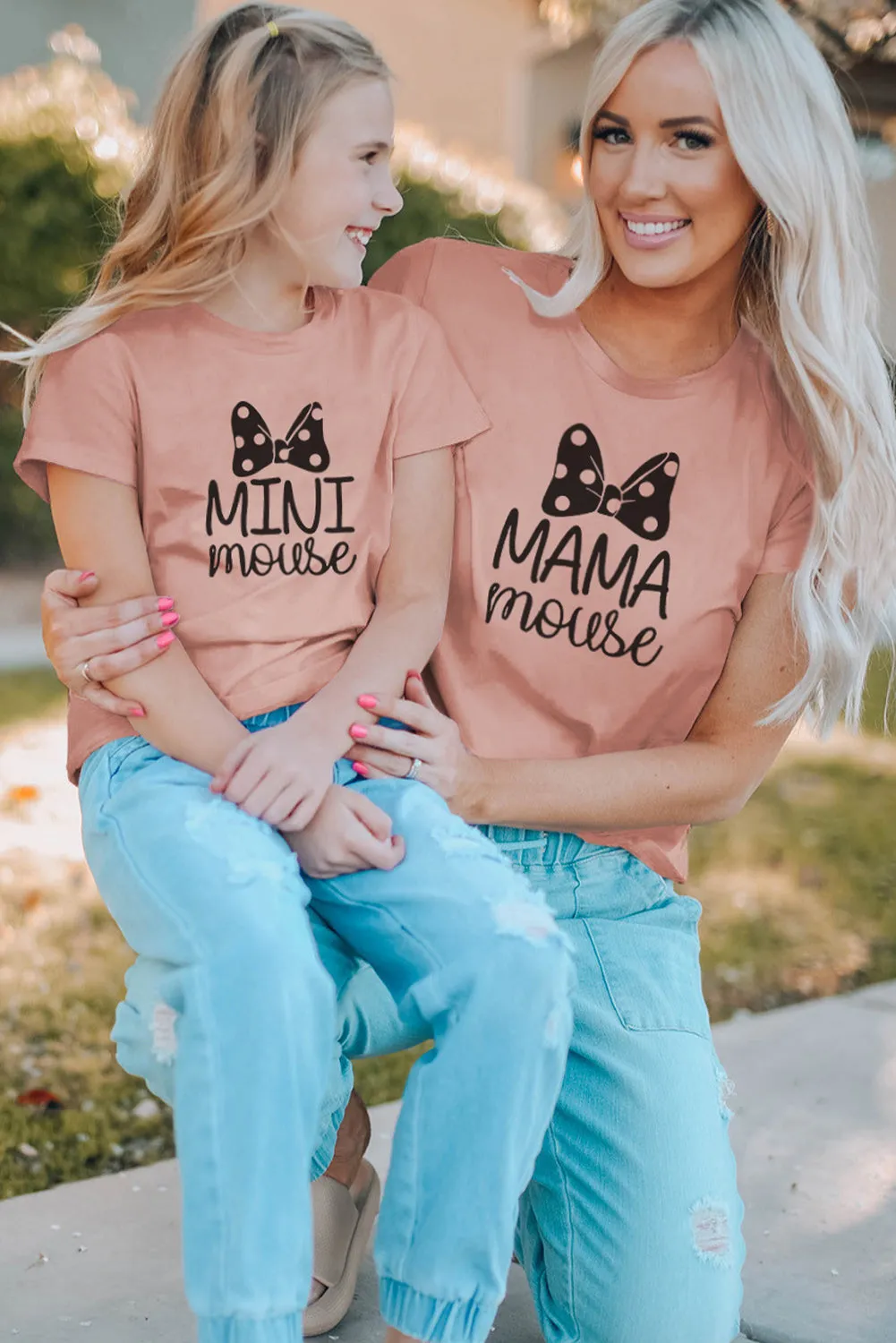Pink Family Matching Girl's Mini Mouse Bow Print Short Sleeve T Shirt