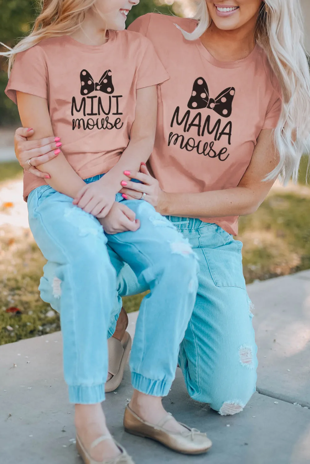 Pink Family Matching Girl's Mini Mouse Bow Print Short Sleeve T Shirt