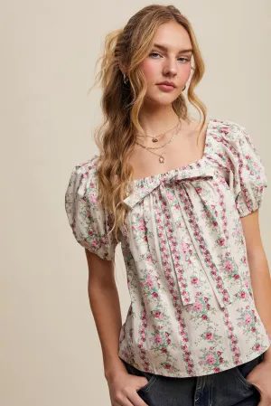 Pink Floral Puff Sleeve Blouse