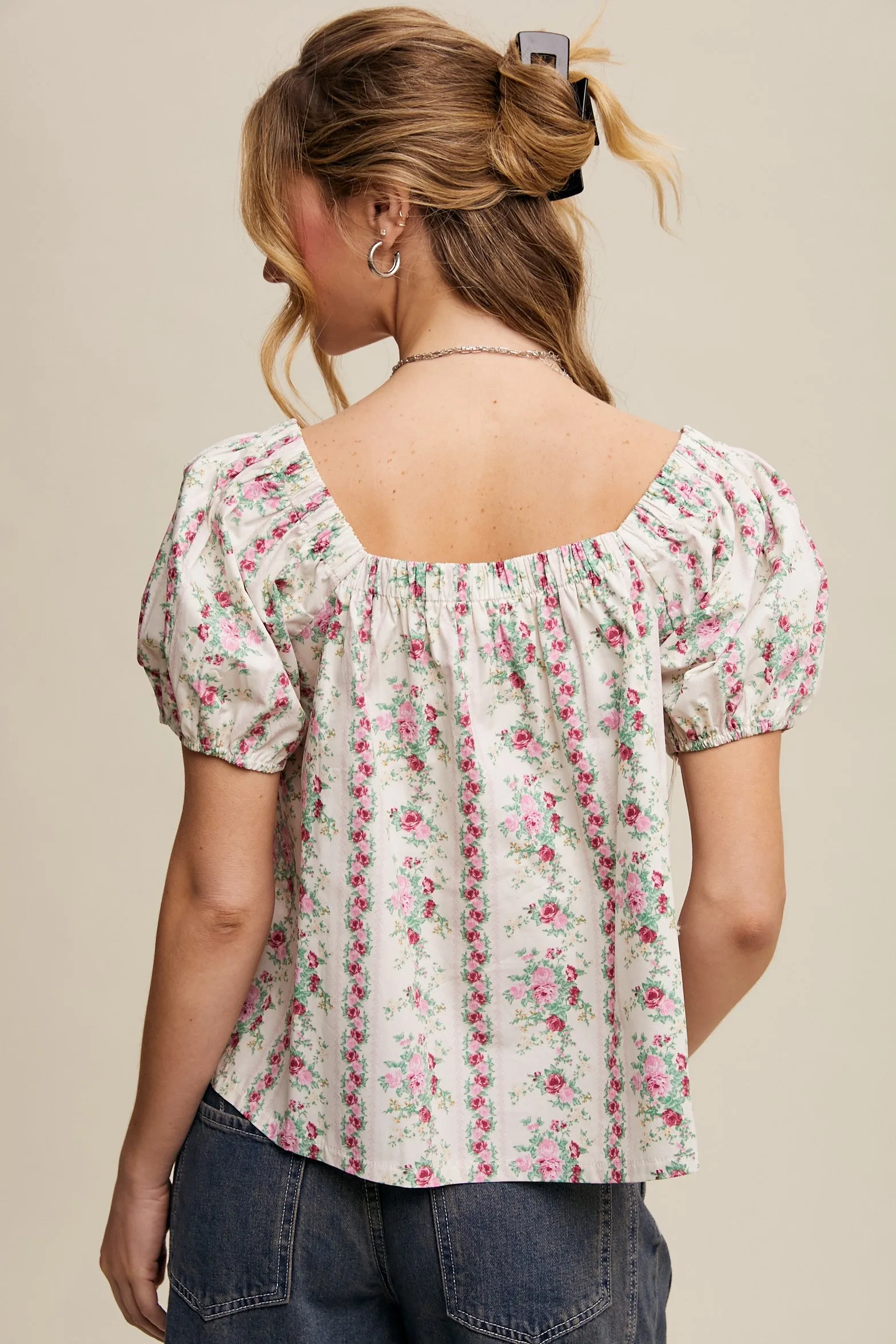 Pink Floral Puff Sleeve Blouse