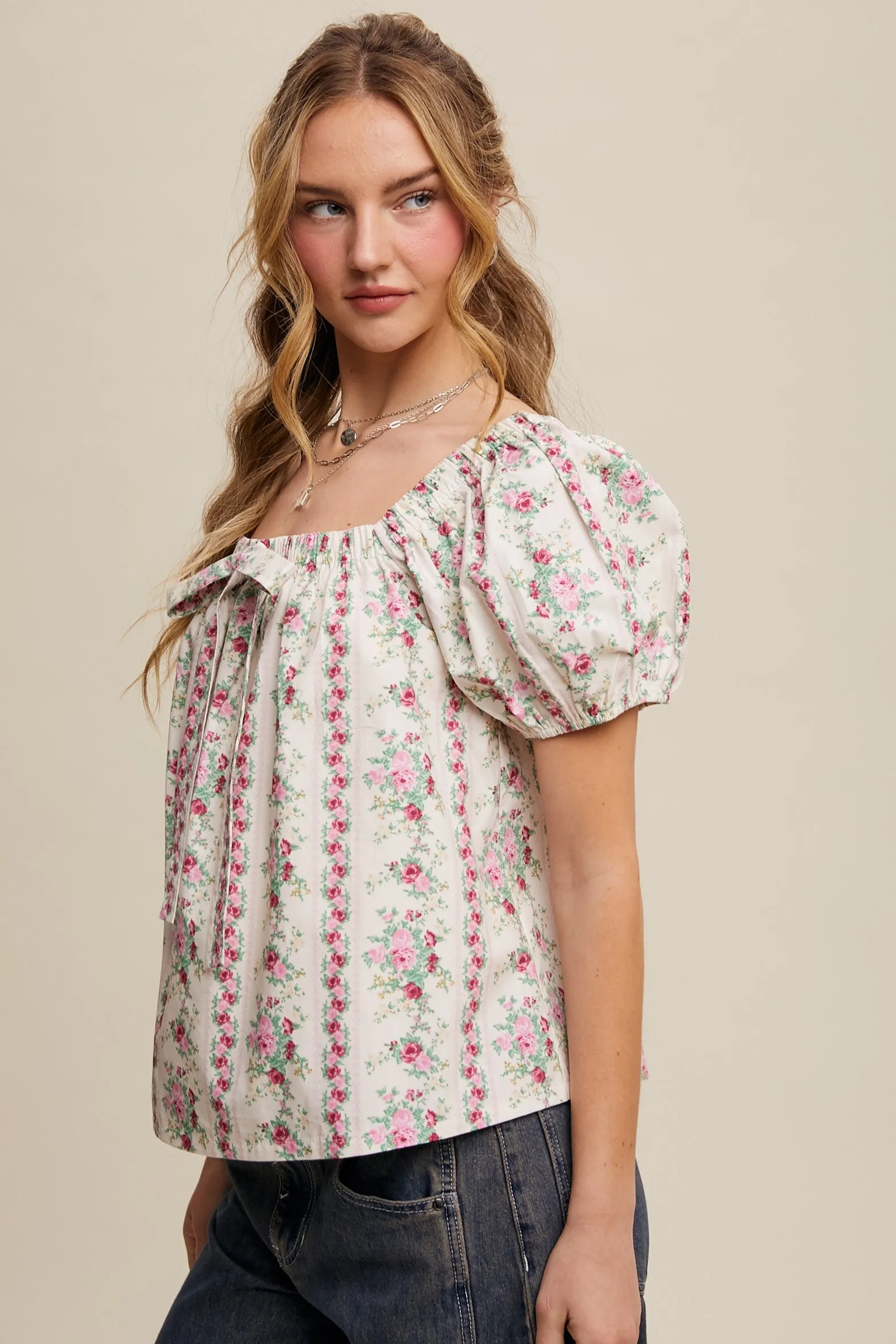 Pink Floral Puff Sleeve Blouse
