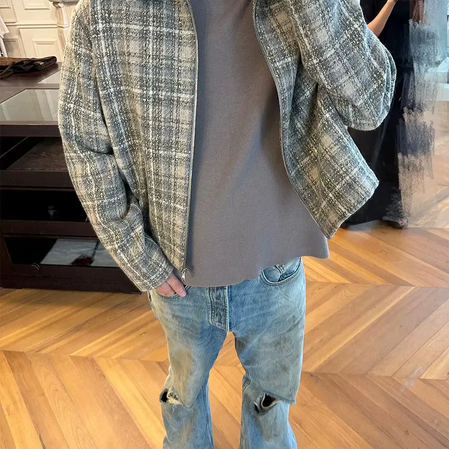 Plaid Tweed Short Zipper Jacket