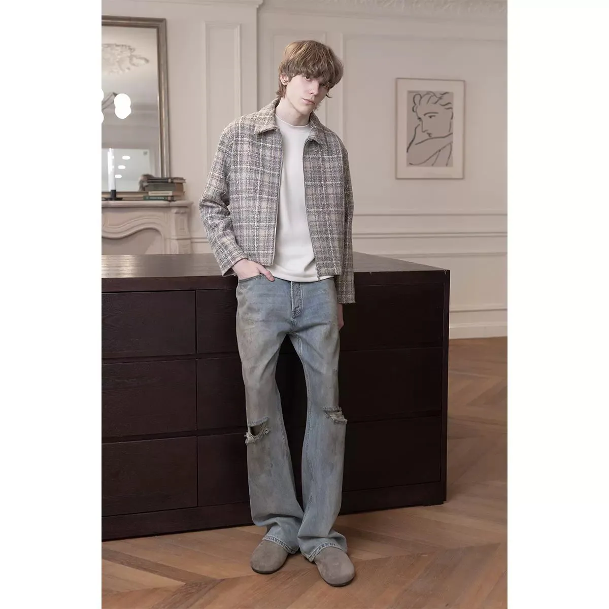 Plaid Tweed Short Zipper Jacket
