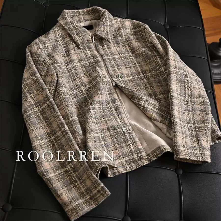 Plaid Tweed Short Zipper Jacket