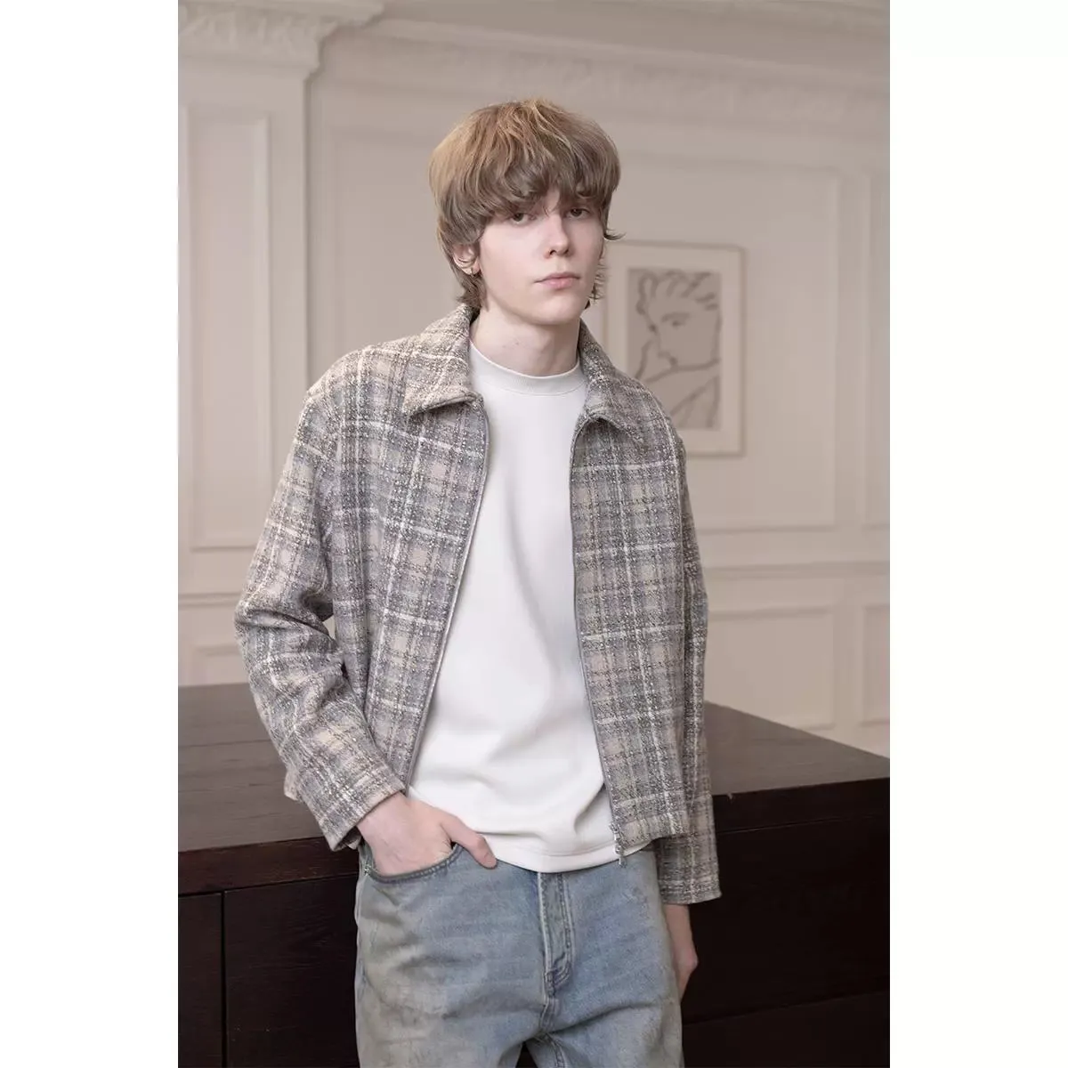 Plaid Tweed Short Zipper Jacket