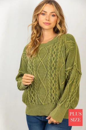 PLUS Long Sleeve Mineral Washed Cable Sweater