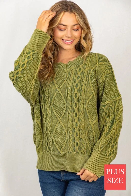 PLUS Long Sleeve Mineral Washed Cable Sweater