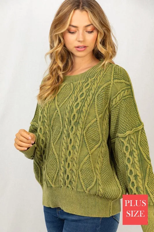 PLUS Long Sleeve Mineral Washed Cable Sweater