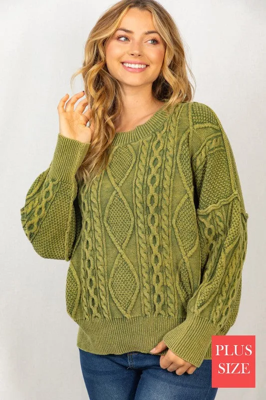 PLUS Long Sleeve Mineral Washed Cable Sweater