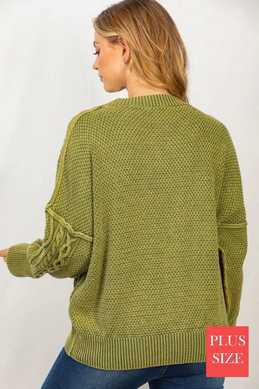 PLUS Long Sleeve Mineral Washed Cable Sweater
