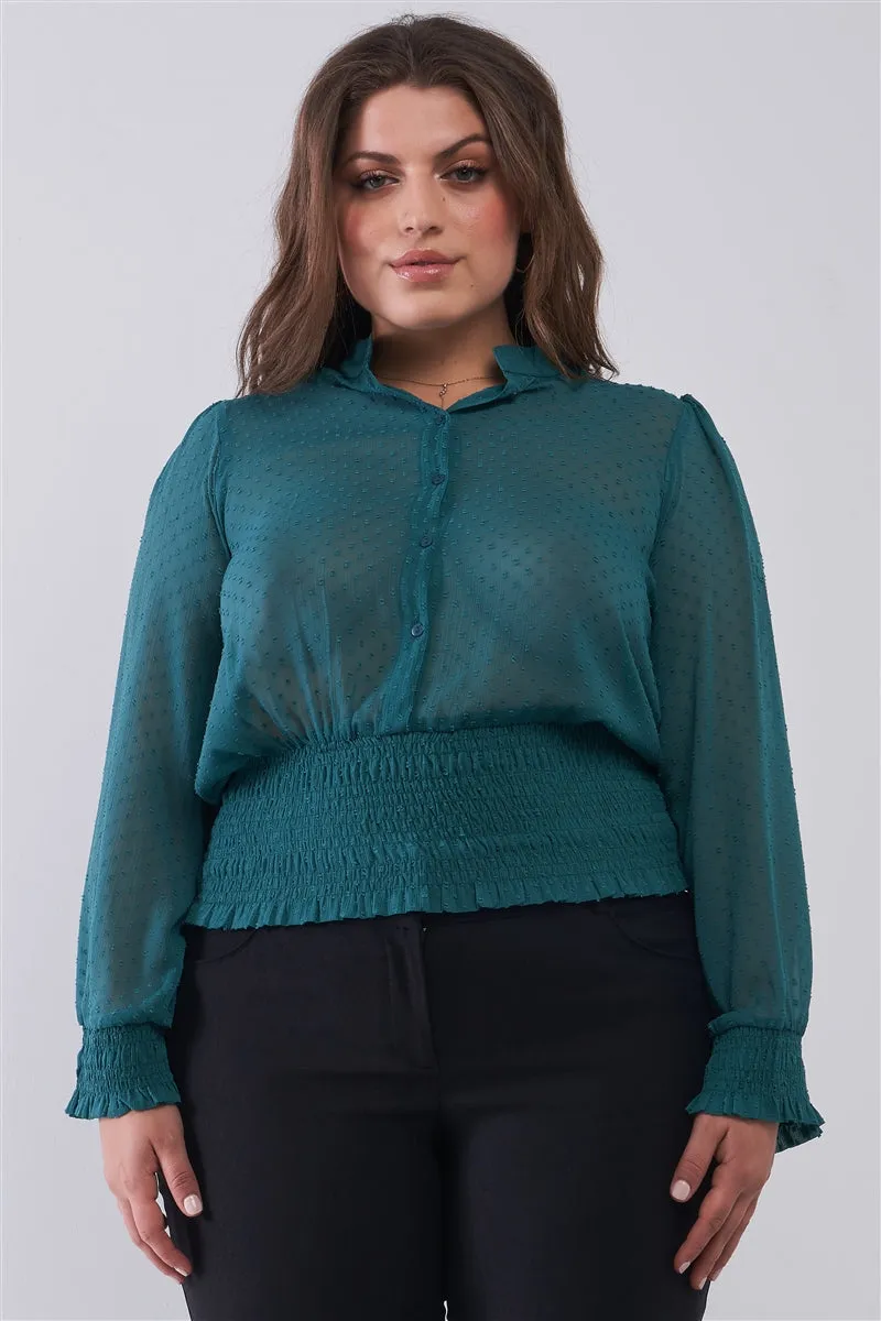 Plus Size Mesh Polka Dot Balloon Sleeve Button-down Smock Detail Blouse Top
