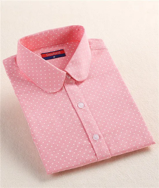 Plus Size Polka Dot Cotton Women Blouses Shirts Long Sleeve Women Shirts Turn Down Collar Cotton Casual Shirt Women Tops