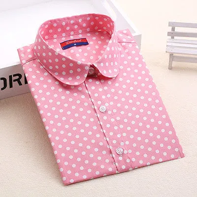 Plus Size Polka Dot Cotton Women Blouses Shirts Long Sleeve Women Shirts Turn Down Collar Cotton Casual Shirt Women Tops