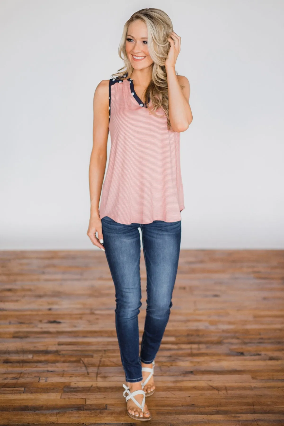 Polka Dot and Stripes Tank Top- Pink & Navy