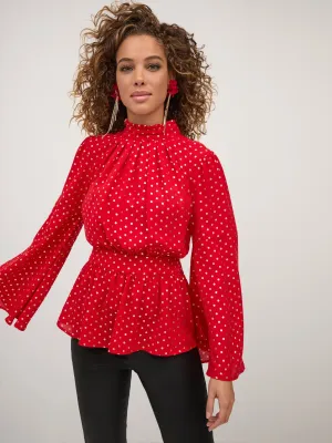 Polka-Dot Bell-Sleeve Peplum Top