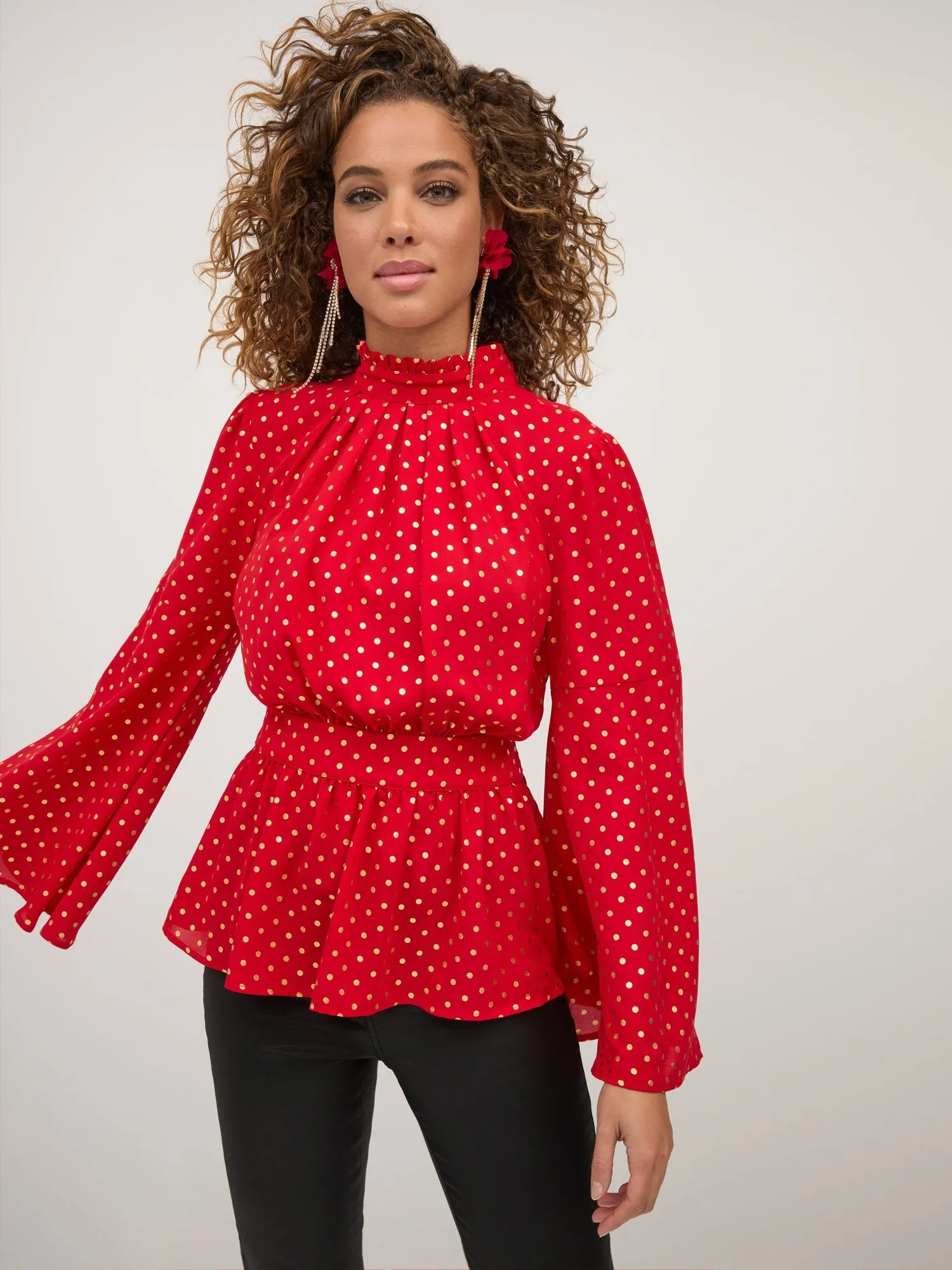 Polka-Dot Bell-Sleeve Peplum Top