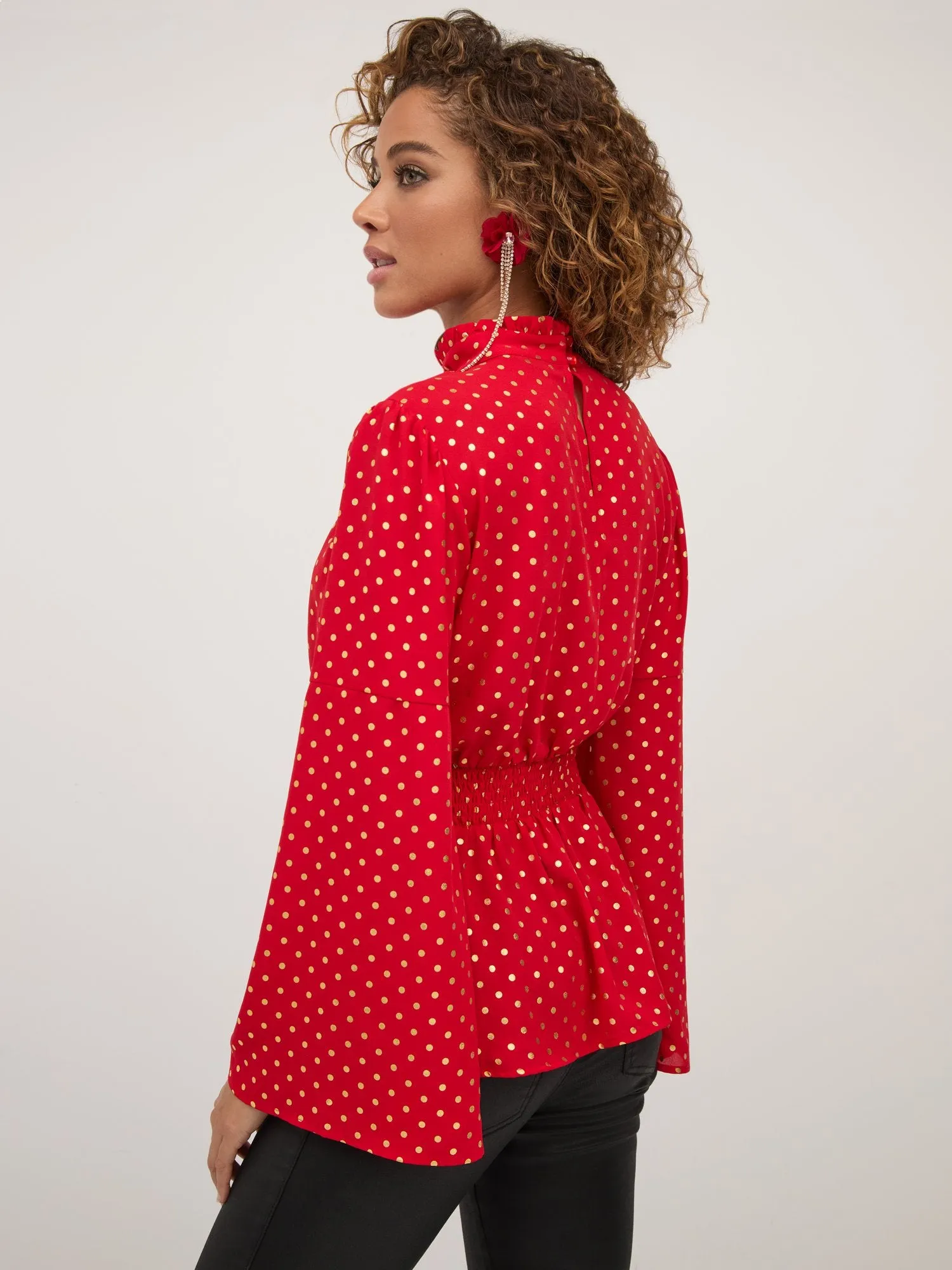 Polka-Dot Bell-Sleeve Peplum Top