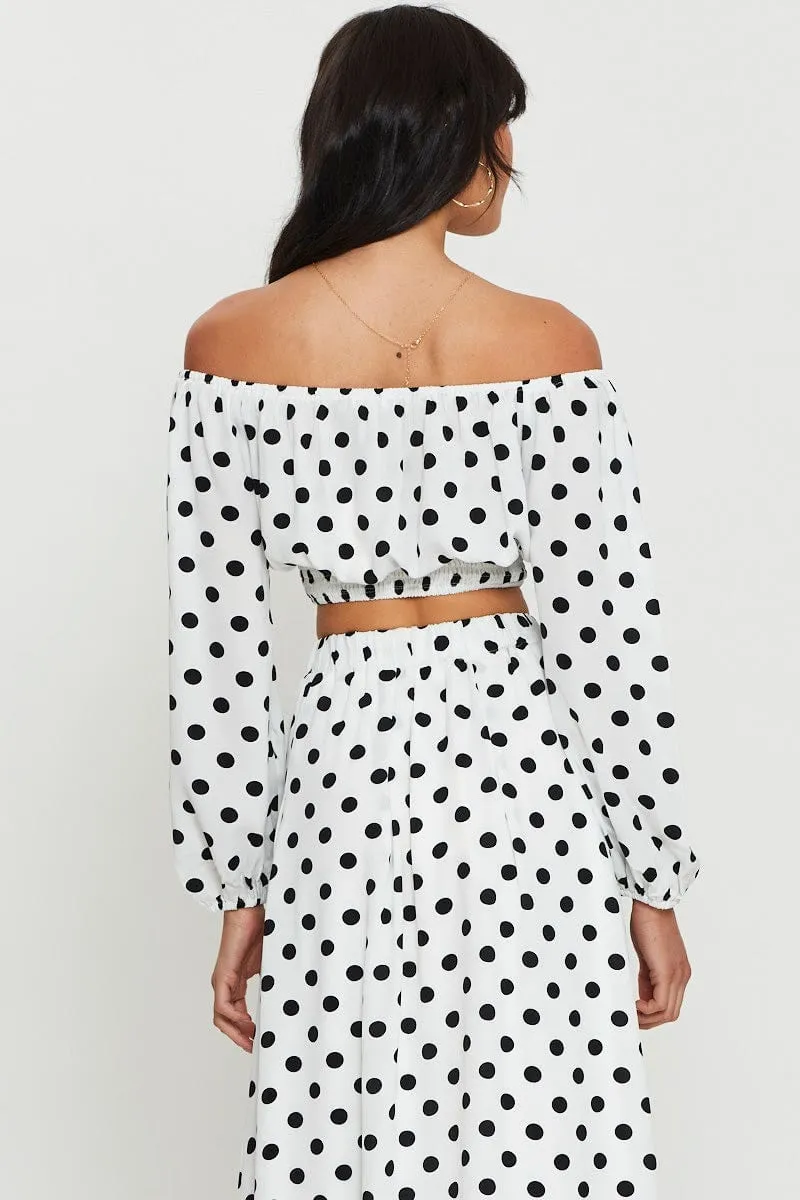 Polka Dot Crop Top Long Sleeve Off Shoulder
