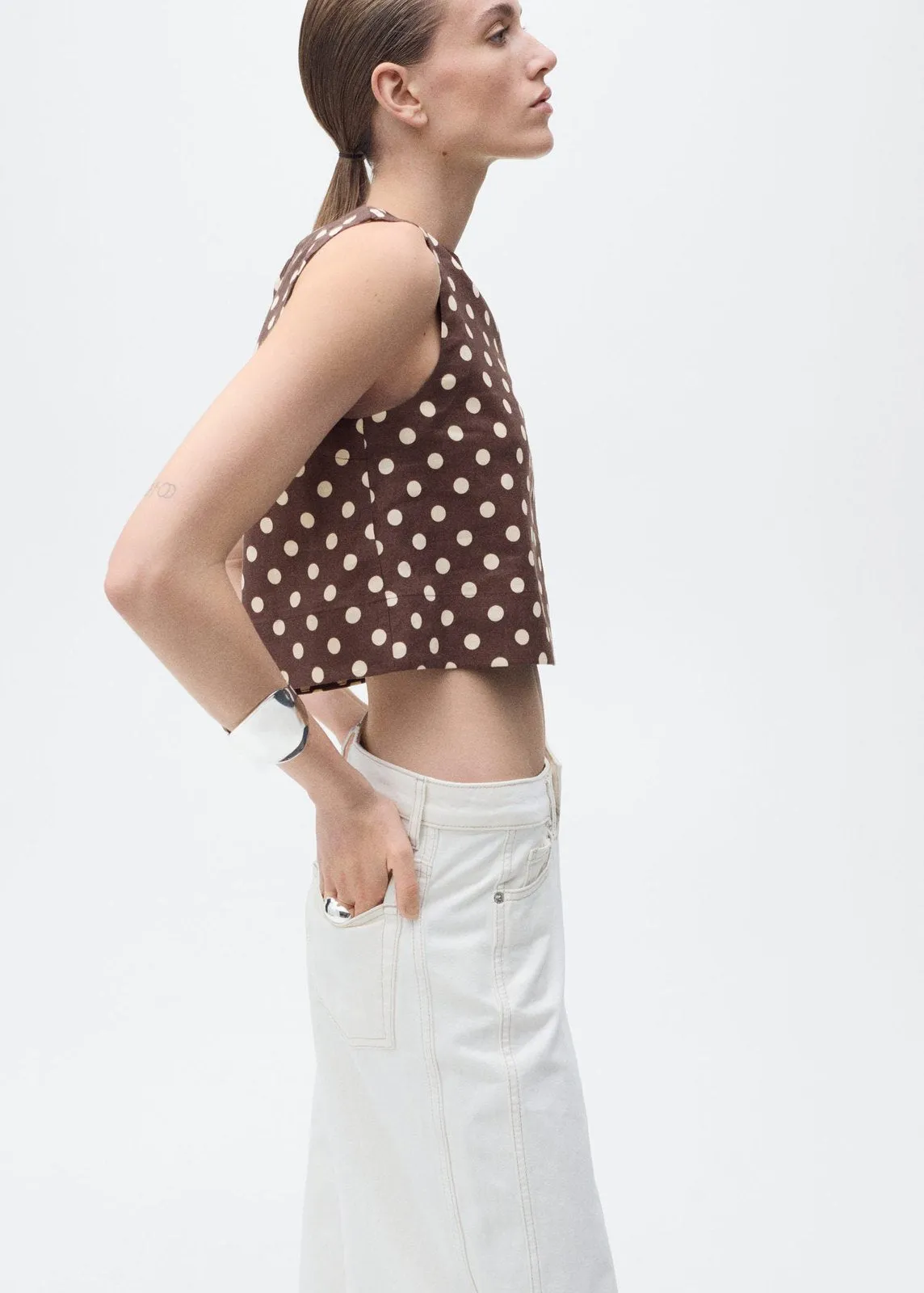 Polka dot linen crop top - Dark Brown