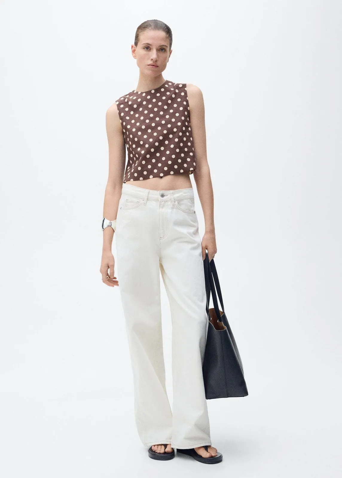 Polka dot linen crop top - Dark Brown