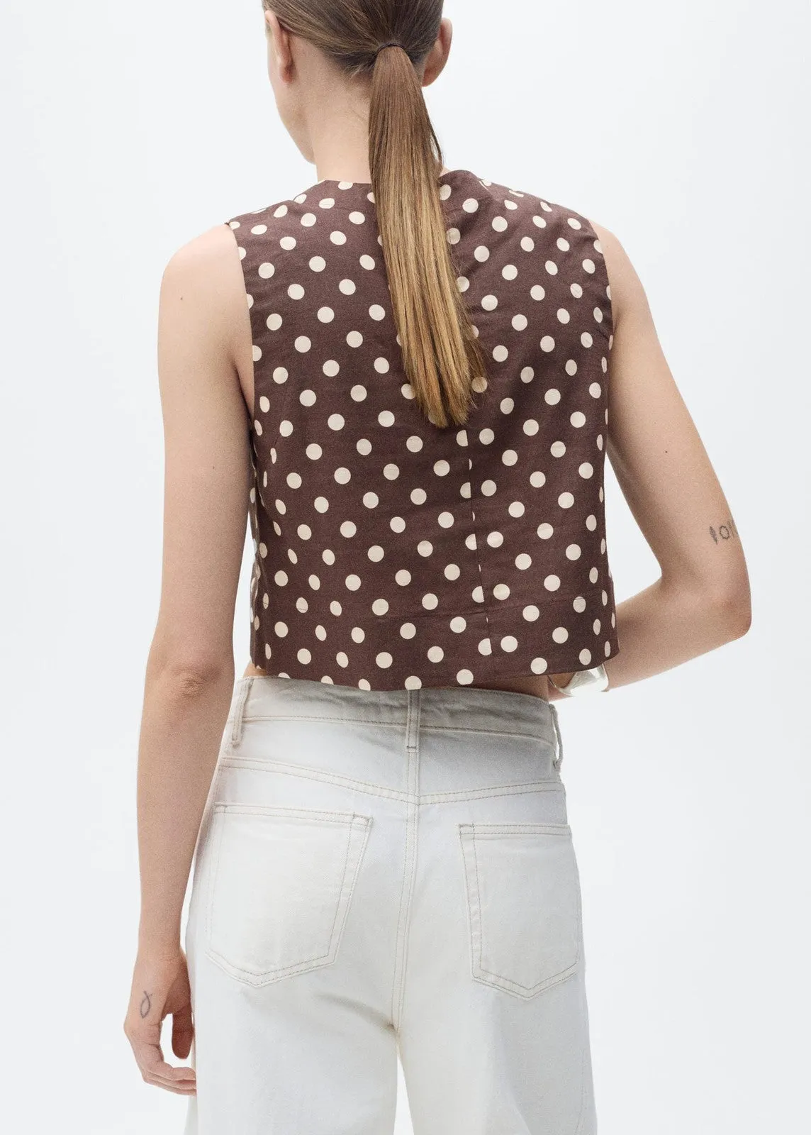 Polka dot linen crop top - Dark Brown