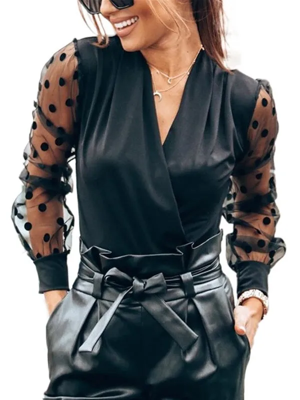 Polka Dot Print Patchwork Blouse Casual Long Sleeve