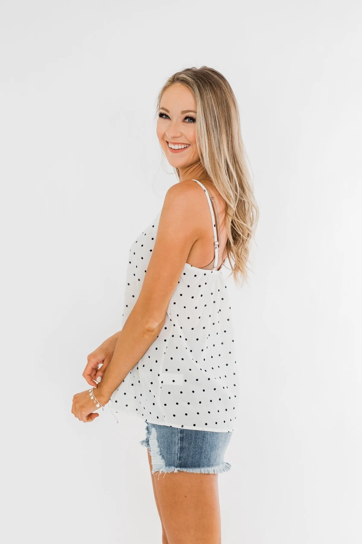 Polka Dot Scallop Tank Top- Off White & Black