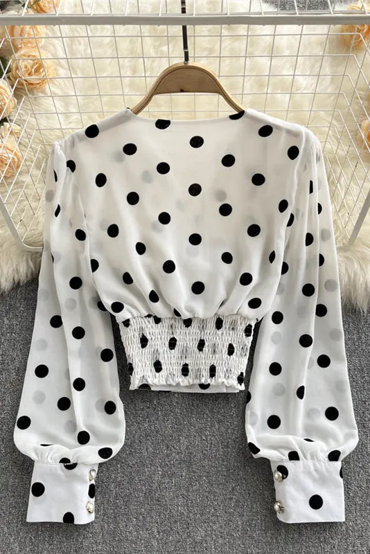 Polka Dot Shirts Vintage Double Breasted Long Sleeve Slim Tops