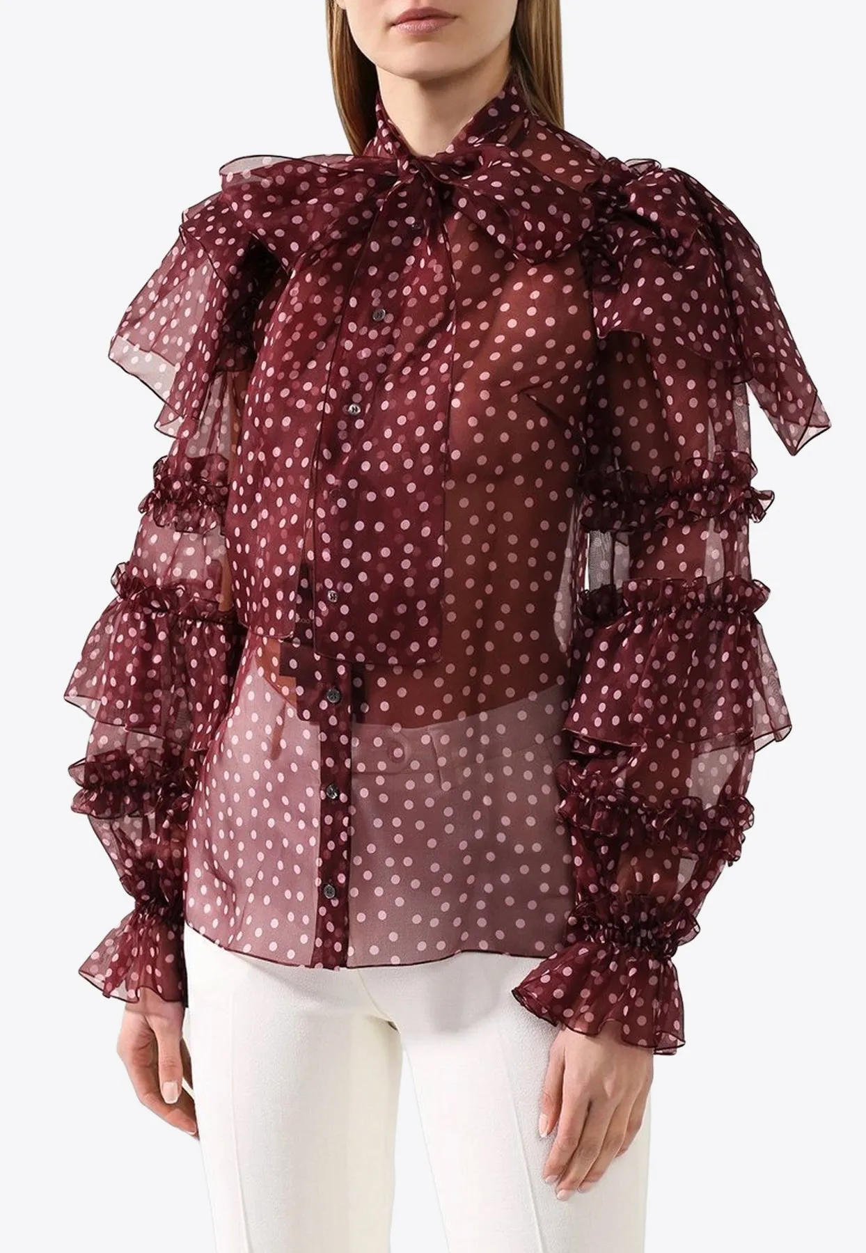 Polka Dot Silk Ruffle Blouse