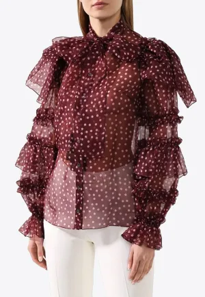 Polka Dot Silk Ruffle Blouse