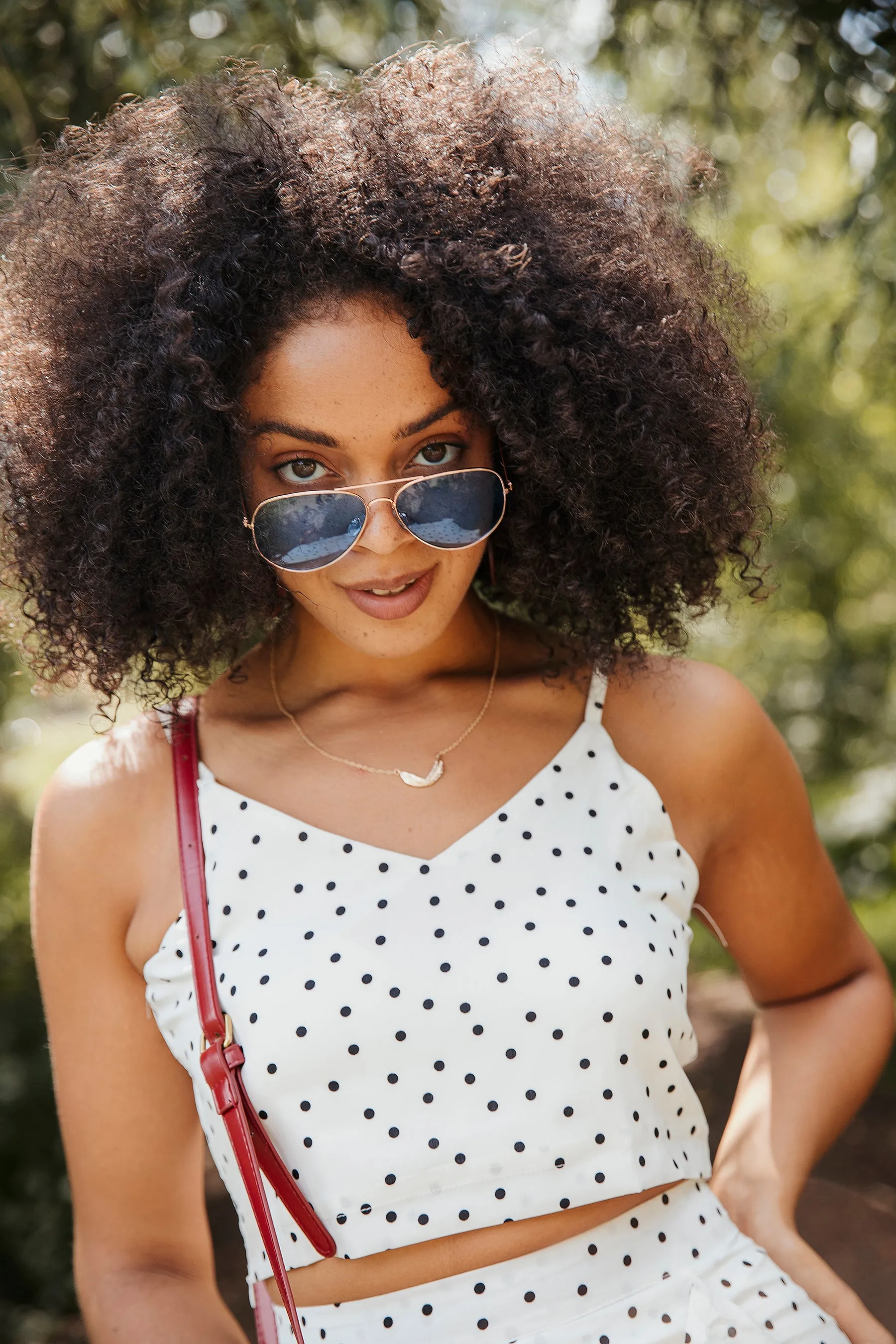 Polka Dot Strap V Neck Crop Top