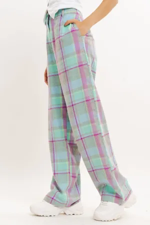 Purple And Mint Checkered Straight Fit Pant